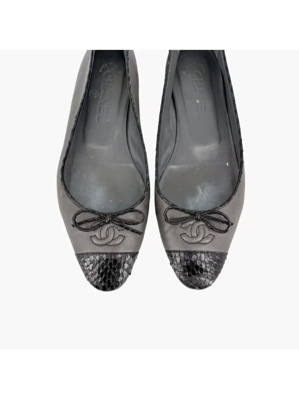 Chanel CC Cap Toe Ballet Flats Bow Gray Leather Black Snake Size 37 US 6-6.5
